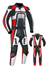 Men's leather motorcycle suit with protective features, two-piece design, red and black, suitable for boxing and fitness enthusiasts.